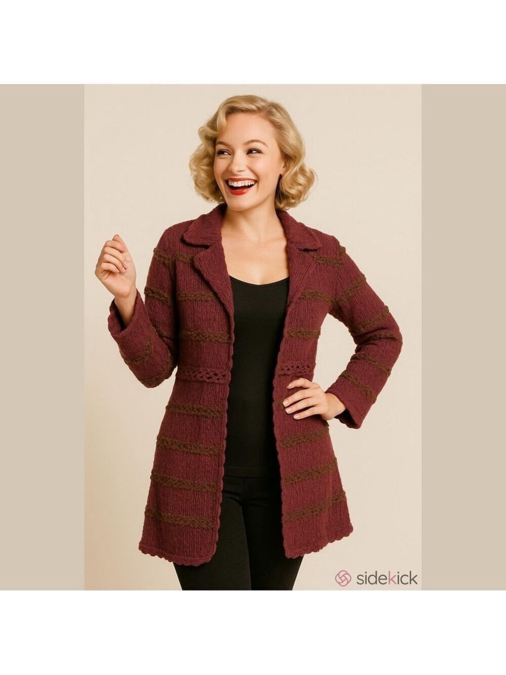 Vintage-Style Longline Knit Duster Cardigan - Plum & Brown Textured Empire Waist - Picture 2 of 15